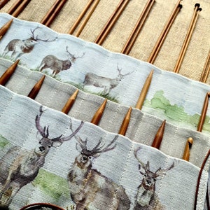 INTERCHANGEABLE LARGE CASE Stag Deer Watercolor Forest Linen Straight Needle Holder Hook Dpn 3 Zippered Pockets Jute Storage Organizer Gift