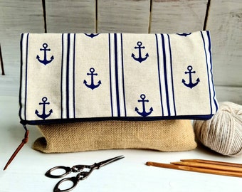 ANCHOR CLUTCH BAG Burlap Project Bag Navy Blue Striped Marine Knitting Crochet Travel Holiday Beach Seaside Handmade Gfit