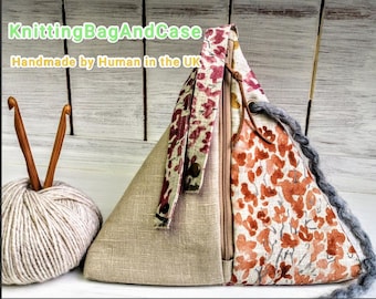 AUTUMN LINEN BAG Watercolor Paint Tree Triangle Japanese Style Origami Project Bag Knitting Crochet