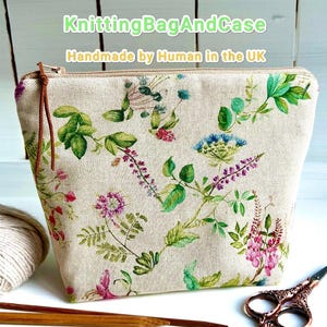 Botanical Zipper Project Bag: Linen Cotton Knitting Organizer