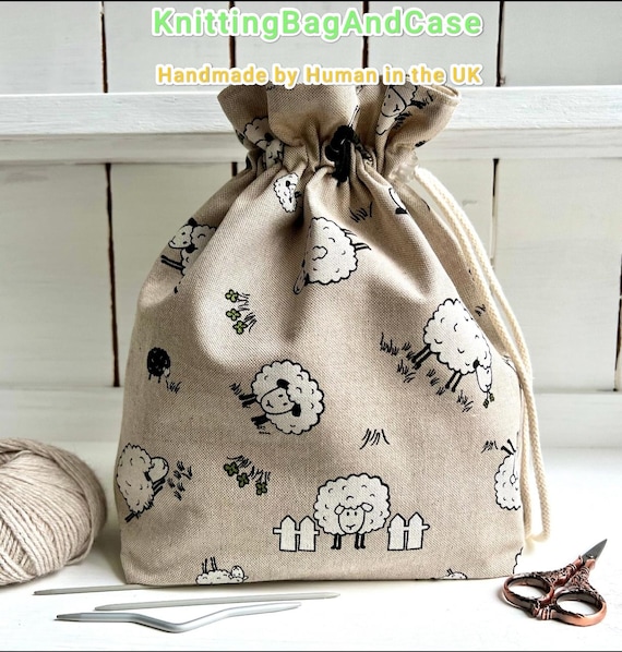 Sheep Drawstring Project Bag: Linen Cotton Knitting, Crochet