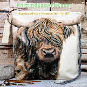Bolsa para proyectos Highland Cow, organizador extragrande para tejer y crochet