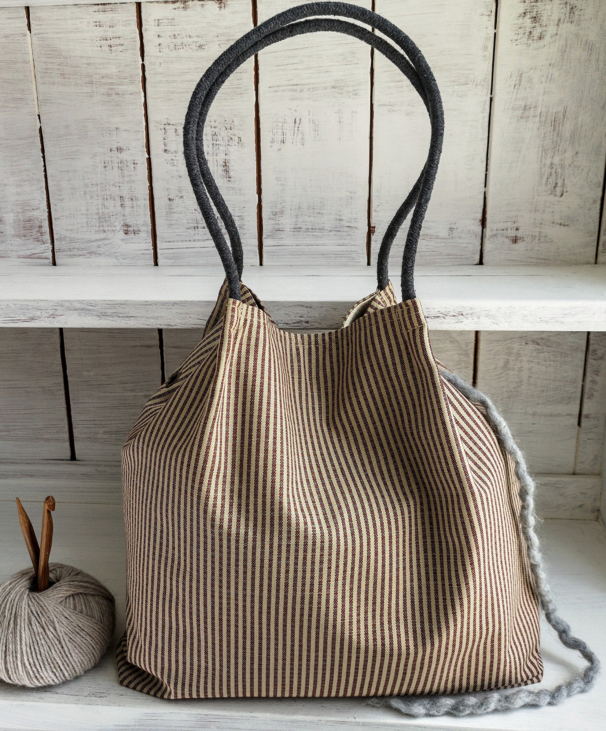 【AAKE】STRIPE KNITTING BAG French Linen Stripe Large TOTE PROJECT BAG Knitting Crochet