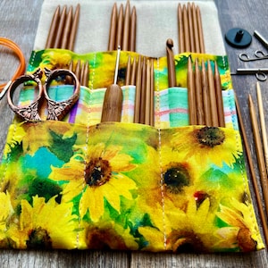 AGO INTERCAMBIABILE DA VIAGGIO Organizzatore Girasole Pittura ad acquerello Lavoro a maglia Uncinetto Dpn Gancio Custodia Tasca con zip Regalo fatto a mano Natale Compleanno