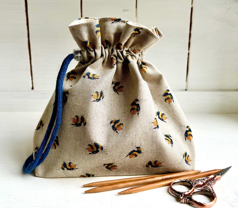 Bee Drawstring Project Bag: Retro Style Sock Sack With Pockets - Etsy