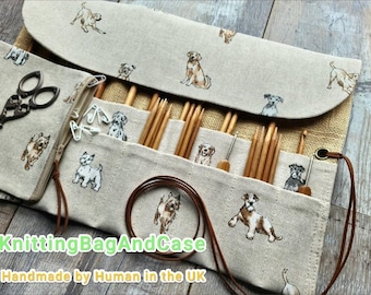 Dog CROCHET DPN HOLDER Knitting Needle Hook Case Roll With Zip Pockets