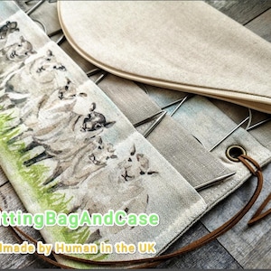 Organizador de agujas circulares de lino - Diseño de oveja, enrollable de cuero vegano