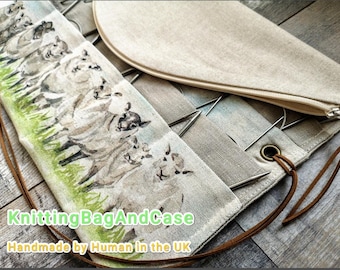 Organizador de agujas circulares de lino - Diseño de oveja, enrollable de cuero vegano