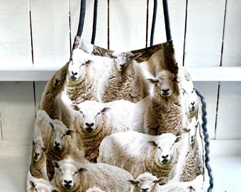 LARGE SHEEP PROJECT Bag  Tote Knitting Crochet Dpn Hook Holder Storage Organizer 9 Pockets Handmade Fabric Gift