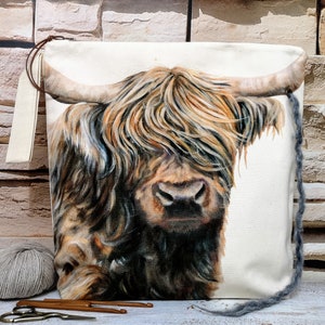 HIGHLAND COW PROJECT バッグ 9ポケット 特大 旅行用 編み物 かぎ針編み クラフトバッグ ストラップ フック 針 糸 オーガナイザー ハンドメイド ファブリック ギフト