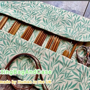Estuche para agujas de tejer con diseño de hojas verdes: soporte para ganchos de ganchillo y agujas de doble punta.