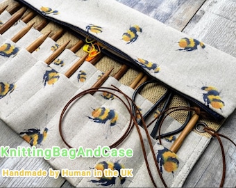 Bumble Bee Knitting Needle Case: Crochet Hook, DPN Holder with Zip Pockets