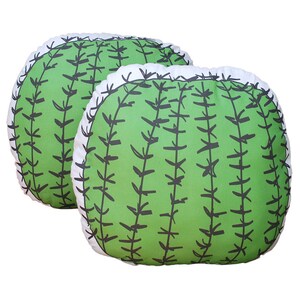 May include: Two green and white cactus-shaped throw pillows. The pillows have a white background with a green cactus design.