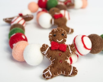 Gingerbread Man Christmas Garland -Felt Gingerbread Man  -Christmas Mantle -White Felt Balls-Christmas Tree Garland -Felt Ball Garland