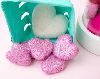 Pink Glitter Felt Hearts: Handmade Wool, Valentine's Decor (4-5cm)