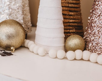 White Wool Felt Ball Garland: Christmas Mantle Decor