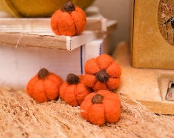May include: Five small felt pumpkins in shades of orange, with brown stems, are arranged on a straw-like surface.