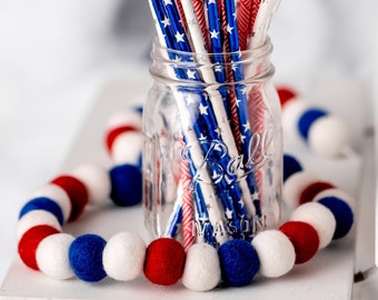 Stars and Stripes - Red White and Blue Garland - Fourth of July Party - Americana Garland - Wool Felt Poms -Felt Ball Garland - July 4th