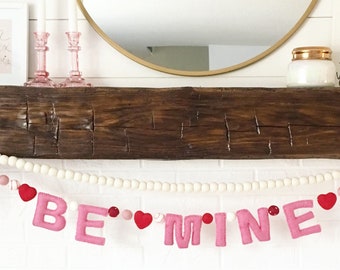 Be Mine Pink Felted Letter Garland -Hand Stitched felt letters -Love You Valentines Day Garland -Red and Pink Felt balls -Stuffed Letters