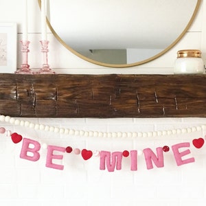 Be Mine Pink Felted Letter Garland -Hand Stitched felt letters -Love You Valentines Day Garland -Red and Pink Felt balls -Stuffed Letters