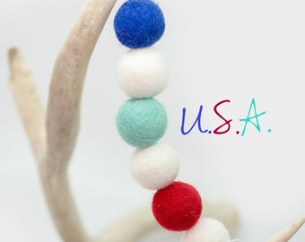 USA -Red White & Blue Garland -Fourth of July Party -Americana Garland - Wool Felt Poms -Felt Ball Garland - July 4th -Independence Day