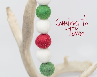 Christmas Felt Ball Garland: Red, Green, Ivory Wool Poms