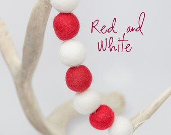 Red and White Felt Garland -Red and White decor -White felt balls -Red Felt Balls -Wool Garland -Valentines Garland -Christmas Garland -Love