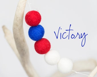 Victory -Red White & Blue Garland -Fourth of July Party -Americana Garland - Wool Felt Poms -Felt Ball Garland - July 4th -Independence Day