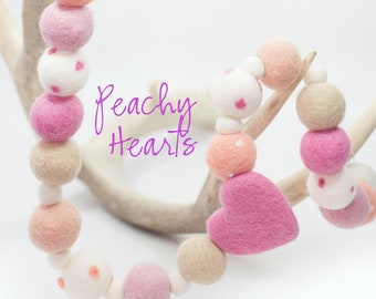 Peachy Hearts Garland | Valentine's day garland | Felt Hearts | Heart Banner | Peach & Pink | Valentines felt ball Garland | Wool balls