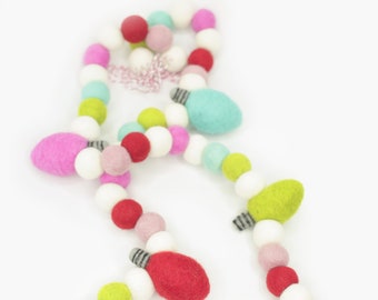 Felt Christmas Garland: Bright Wool Pom Poms and Light Bulbs