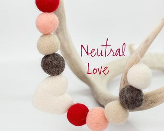 Neutral Love Heart Garland | Valentine's day garland | Felt Hearts | Heart Banner | Peach & Red | Valentines felt ball Garland | Wool balls