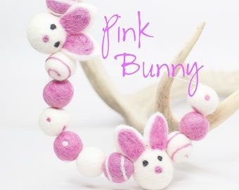 Pink Bunny -Easter Felt Ball Garland -Wool Felt Poms -Easter Decor Easter Mantle -Pink Felt Balls -Felt bunny -White Bunny -Bunny Garland