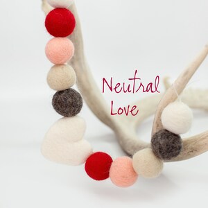 Neutral Love Heart Garland | Valentine&#39;s day garland | Felt Hearts | Heart Banner | Peach & Red | Valentines felt ball Garland | Wool balls