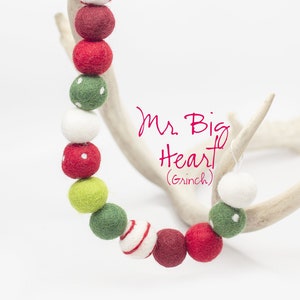 Mr Big Heart -Grinch garland -Christmas Garland -Red and Green decor -Red Polkadot Felt balls -Swirl Felt Balls -Christmas Mantle -Grinch