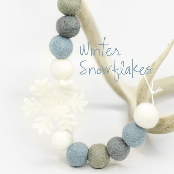 Winter Snowflakes | Winter Garland | Felt Snowflakes | Blue & Gray decor | Felt Pom | Grey felt balls | Blue Poms | Silver Poms | White Poms