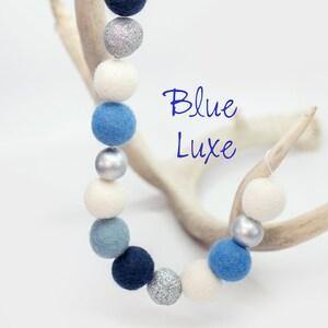 Blue Luxe Felt Ball Garland: White, Silver & Blue Decor