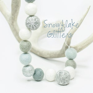 Snowflake Glitters | Winter Garland | Felt Snowflakes | Blue & Silver decor | Felt Poms | Blue Poms | Silver Glitter Poms | White Poms