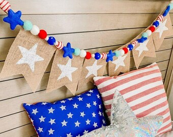 Made in America -Felt Stars -Red White & Blue Garland -4th of July Party -Americana Garland -Felt Ball Garland - July 4th -Independence Day