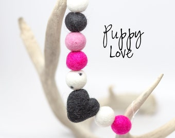 Puppy Love Garland -Valentine's Day Decor -Valentine Mantle -Pink Felt Balls -White felt balls -Black felt balls -Tween Decorations -Girl