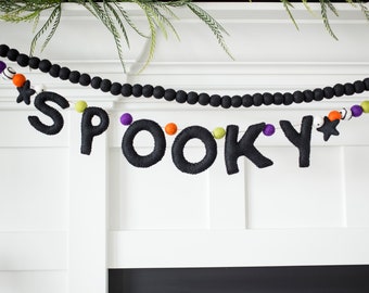 Spooky Halloween garland -Halloween banner -Halloween decor -Felt Word Garland -Black Felt Letter Garland -Stuffed Letter Garland -Mantle