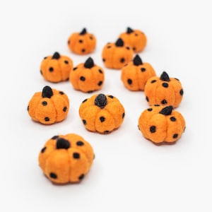 May include: A collection of ten small orange felt pumpkins with black polka dots. The pumpkins are arranged in a scattered pattern on a white background.