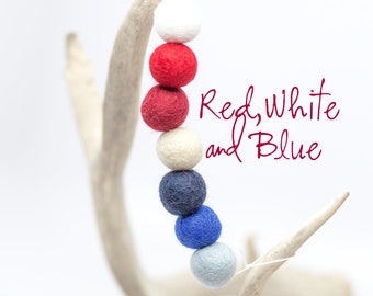 Red White & Blue Garland -Fourth of July Party -Americana Garland - Wool Felt Poms -Felt Ball Garland - July 4th -Independence Day -Flag