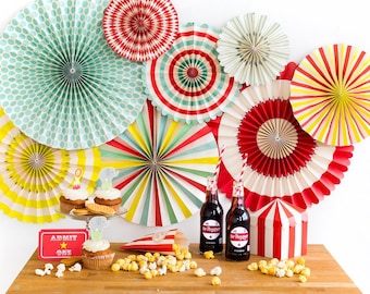 Carnival Party -Circus Decor -Aqua and Red- Party Fans -Pinwheel Backdrop -Paper Rosettes -Wedding backdrop -Paper Pinwheels -Yellow -PLCV01