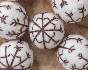 SALE Felt Snowflakes -Dark Brown & White Felt balls -Embroidered Snowflake Felt Balls  -Christmas Decor -Snowflake Pom Ornament DIY