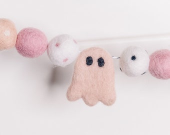 Pink Ghost Garland: Felt Bats, Boho Halloween Decor