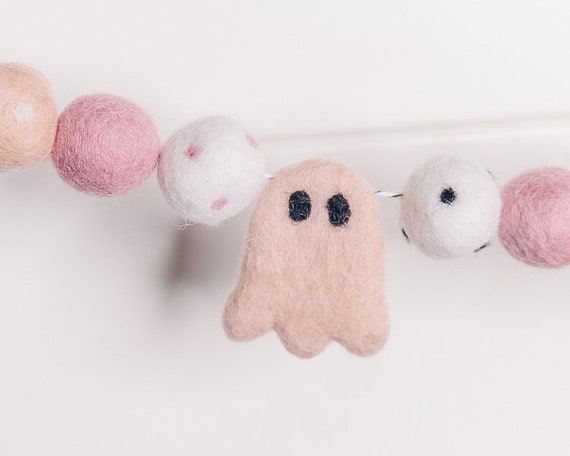 Pink Ghost Garland: Felt Bats, Boho Halloween Decor