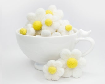 Hand-felted Wool Daisy Flowers: White with Yellow Pom Center