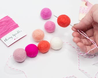 Needle Kit -Bakers Twine -Divine twine -Felt Wool Poms -DIY Instructional Wool Poms Garland Kit -Diy Pom Garland -100% Wool Felt Balls