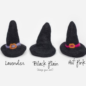 May include: Three felt witch hats in black with different colored trim. The hats are labeled "Lavender", "Black Plain (design your own)", and "Hot Pink".