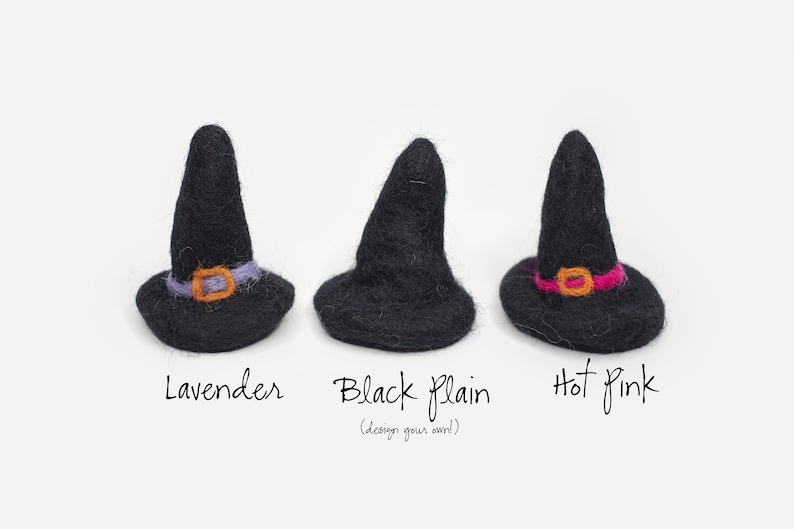 May include: Three felt witch hats in black with different colored trim. The hats are labeled "Lavender", "Black Plain (design your own)", and "Hot Pink".